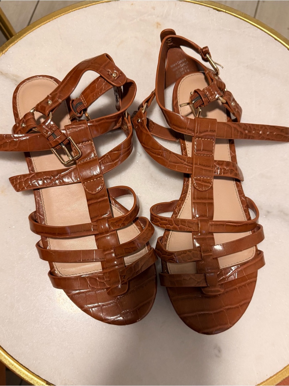 Aldo Brown Croc-Embossed Multi-Strap Flat Sandals